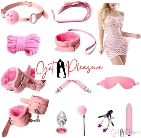 13 Pieces Genuine Leather BDSM Restraint Kit -Pink
