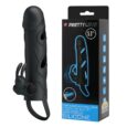 PrettyLove 5.5″ Silicone Black Penis Sleeve with Testicles Strap Vibrating Bullet