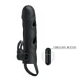 PrettyLove 5.5″ Silicone Black Penis Sleeve with Testicles Strap Vibrating Bullet