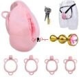 Pink Wearable Chastity Cage With Golden Anal Buttplug and Belt
