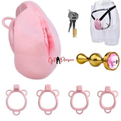 Pink Wearable Chastity Cage With Golden Anal Buttplug and Belt